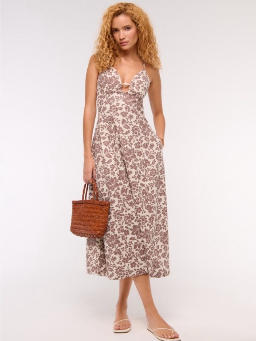 Abercrombie & Fitch Beaded Flowy Midi Dress - Cream and Brown Floral - XXSP